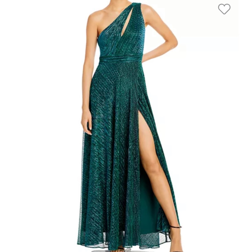 AQUA One Shoulder Crinkled Green Metallic Gown - Worn Once!
